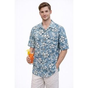 Anchor Blue Hawaiian Shirt Men's XL Blue Floral Camp Shirt Soft Lightweight